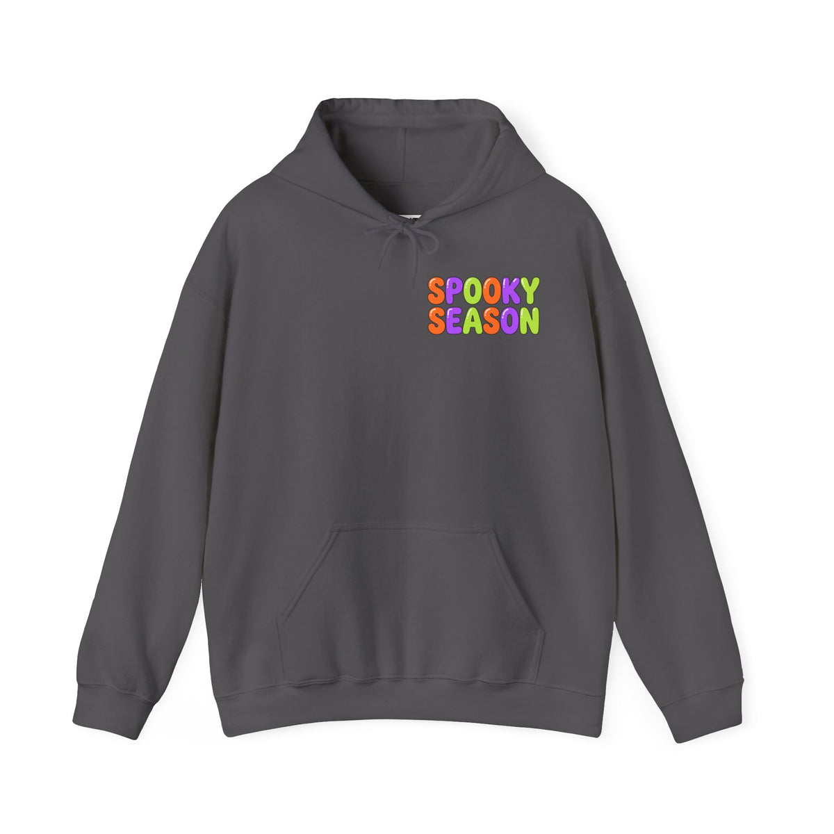A light gray pullover hoodie with a colorful graphic on the chest that reads 'SPOOKY SEASON' in a rainbow gradient font, displayed against a solid white background.
