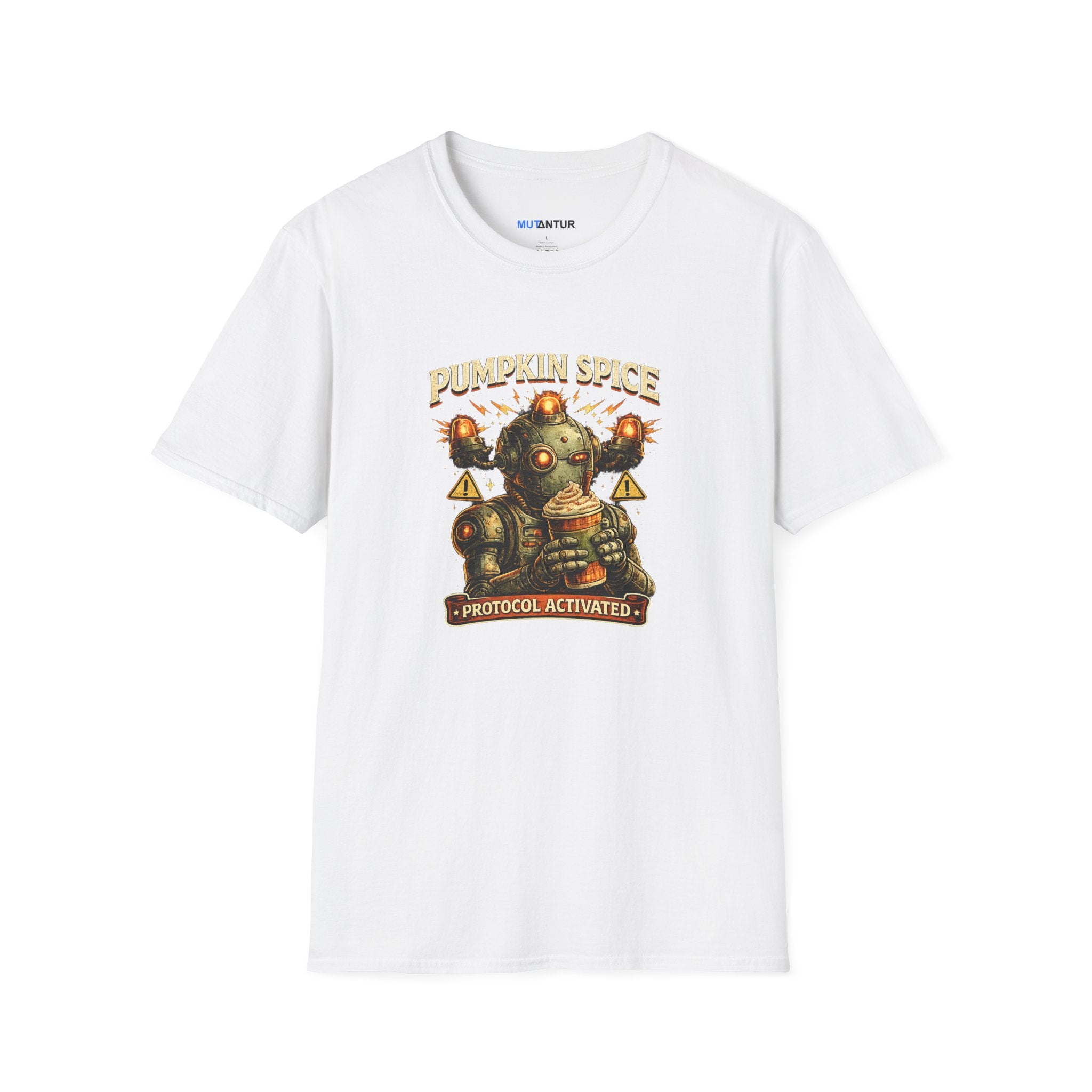 A white short-sleeve crewneck t-shirt featuring a retro sci-fi graphic of a robot holding a pumpkin spice latte, with the text 'PUMPKIN SPICE' and 'PROTOCOL ACTIVATED'.