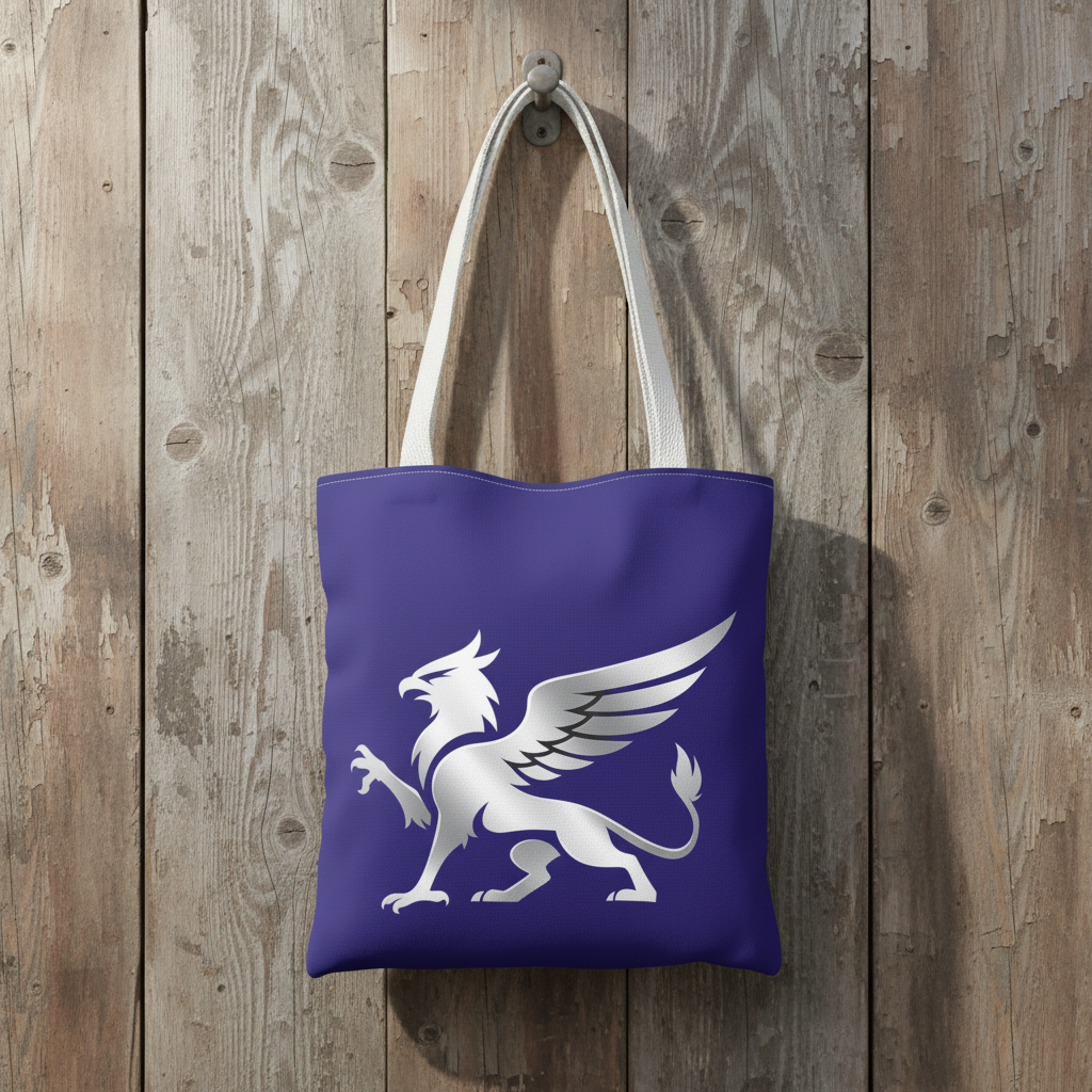 Griffin mythical crest fantasy canvas tote bag, close-up of design