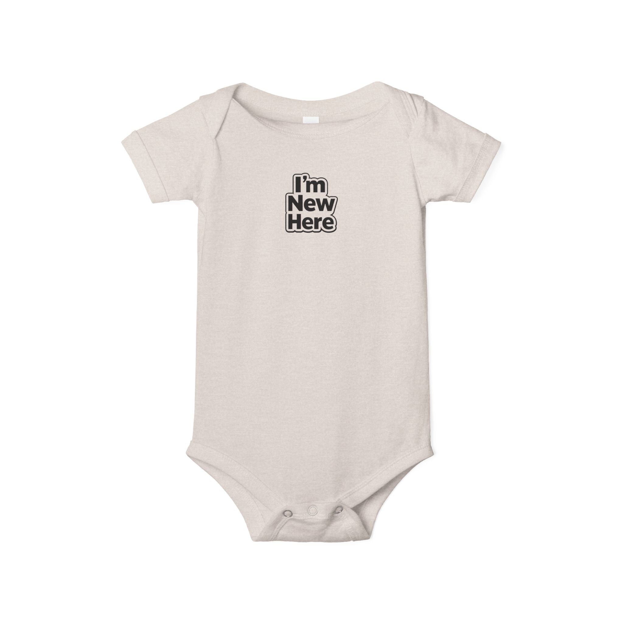 Beige baby onesie with 'I'm New Here' text on a white background
