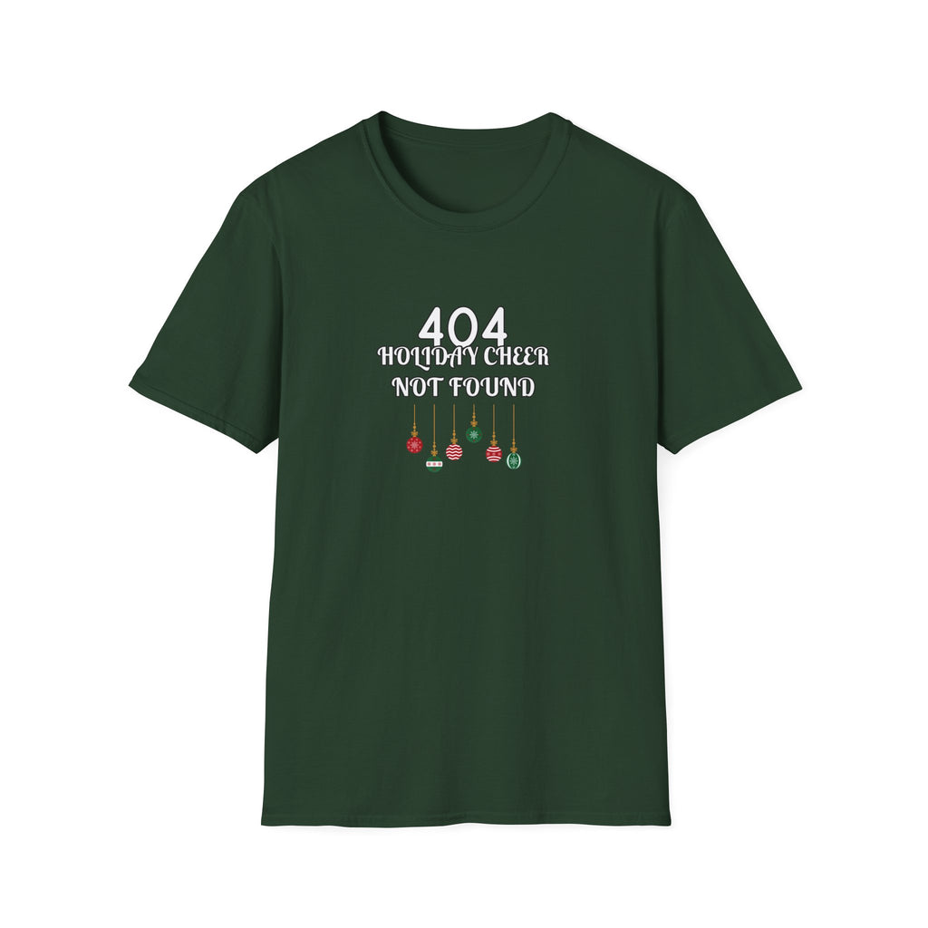 A green crewneck t-shirt with a graphic on the chest that reads '404 HOLIDAY GIRL NOT FOUND' in white text above three small hanging ornaments in red, green, and black, displayed on a solid white background.
