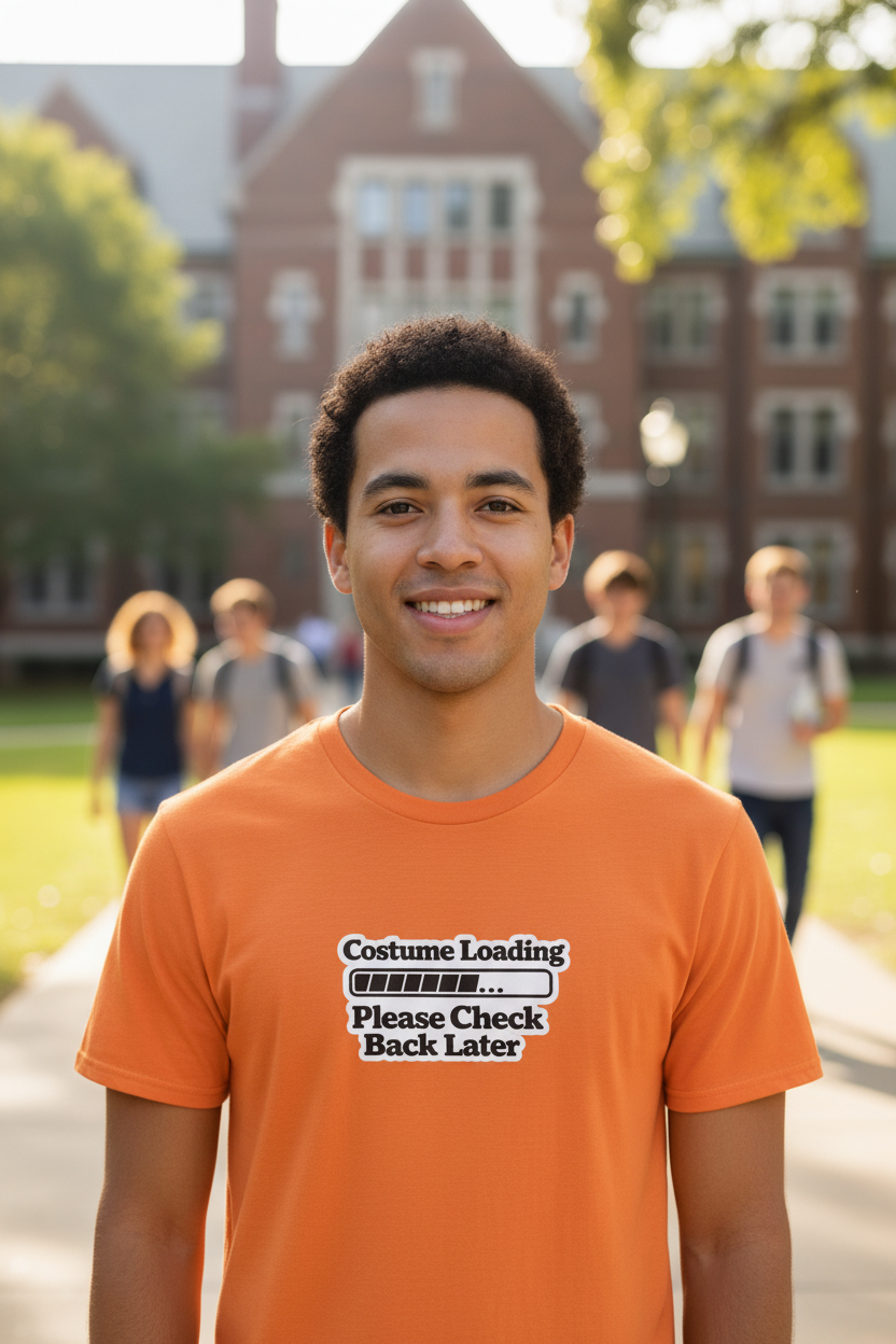 An orange short-sleeve crewneck t-shirt featuring a graphic print on the chest that reads 'Costume Loading. Please Check Back later