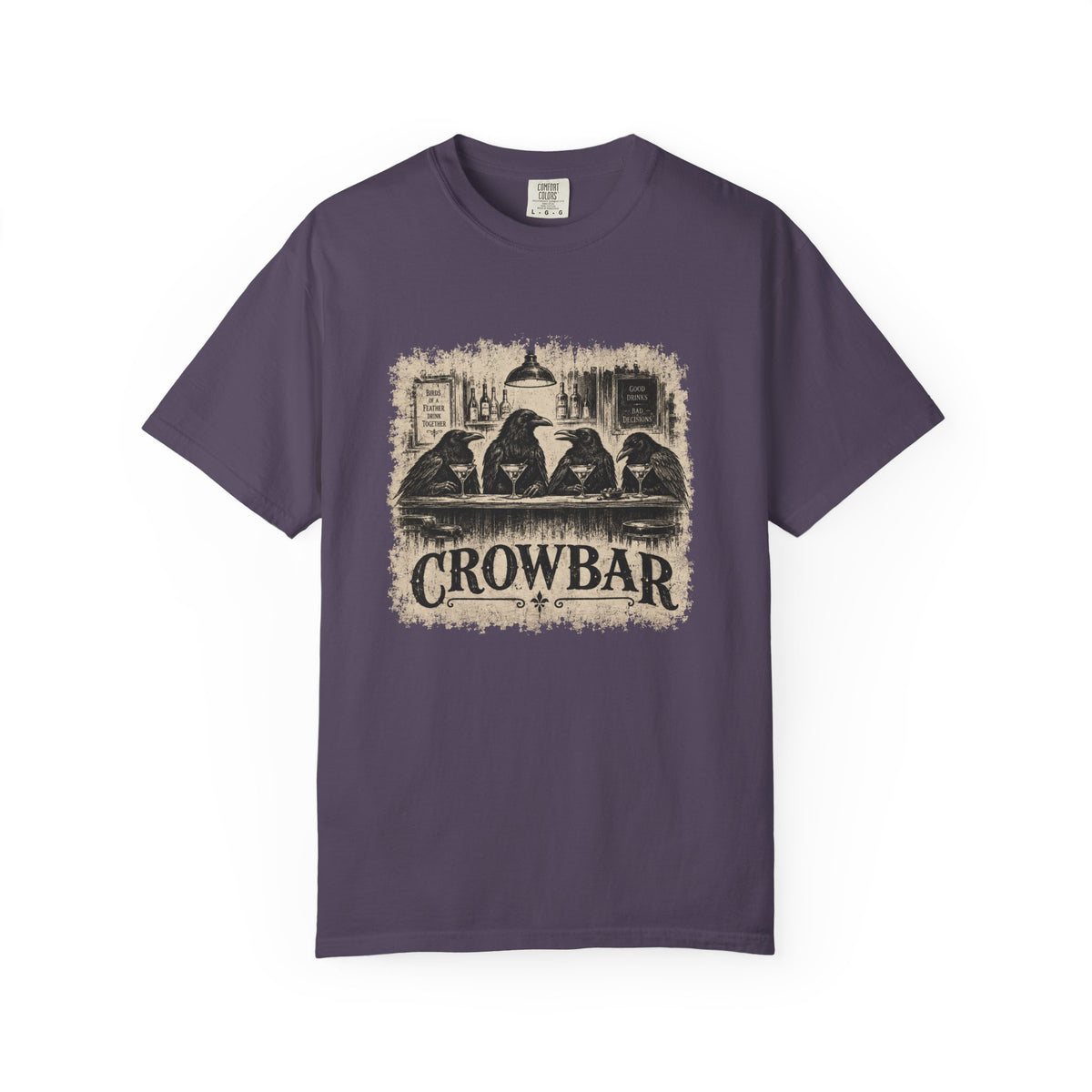 A dark purple short-sleeve crewneck t-shirt featuring a distressed graphic print of four crows sitting at a bar with the word 'CROWBAR' underneath, displayed on a clean white background.