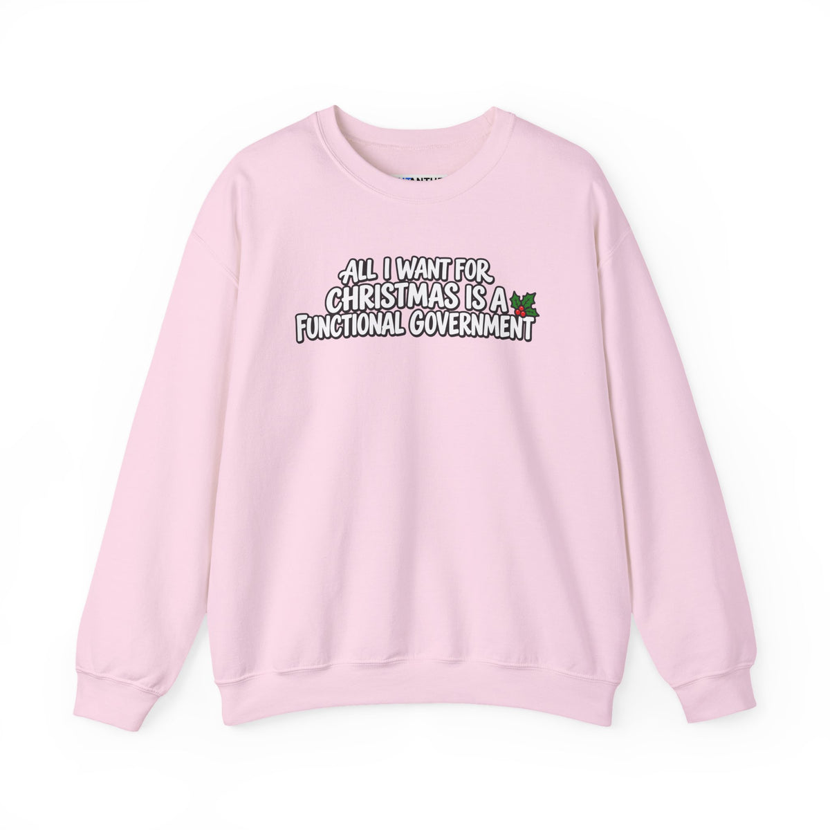 A light pink crewneck sweatshirt with a graphic text print on the chest that reads 'ALL I WANT FOR CHRISTMAS IS A FUNCTIONAL GOVERNMENT' in white letters with a black outline, accompanied by a small red and green holiday sprig.
