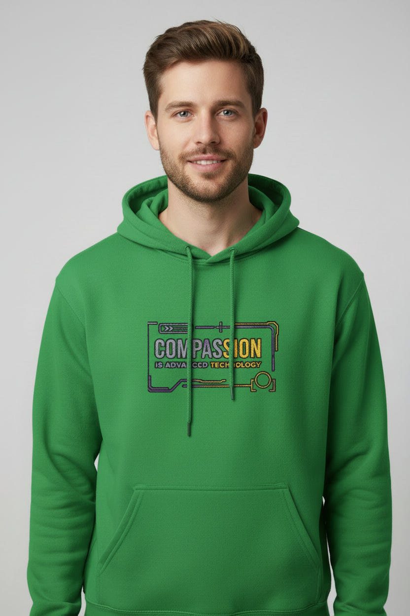 Compassion Is Advanced Technology Hoodie | Embroidered Futurist Pullover - Mutantur Labs LLC