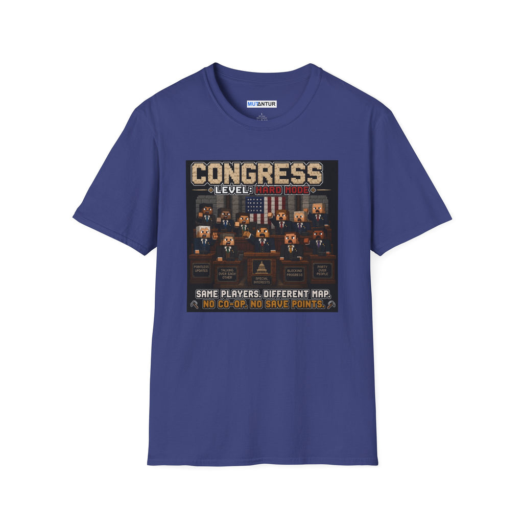 A blue short-sleeve t-shirt with a graphic print on the front depicting a retro video game interface titled 'CONGRESS LEVEL 1'. The graphic shows a mock courtroom scene with historical figures and text reading 'SAME PLAYERS, DIFFERENT MAP.