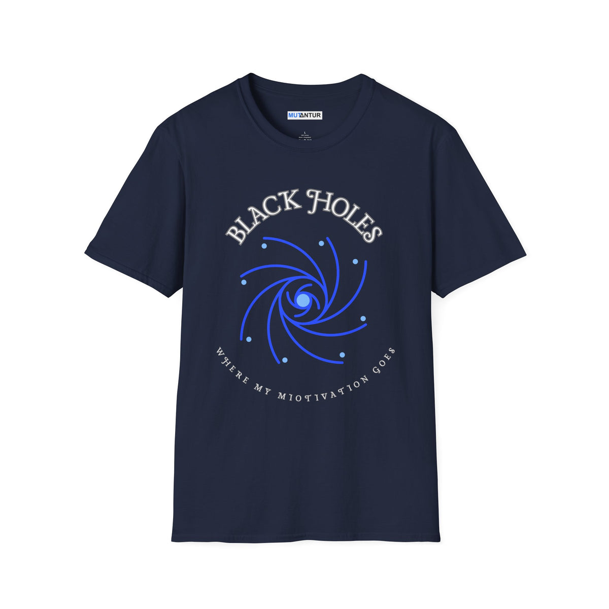 Black Holes Where My Motivation Goes celestial spiral graphic tee in navy, front view