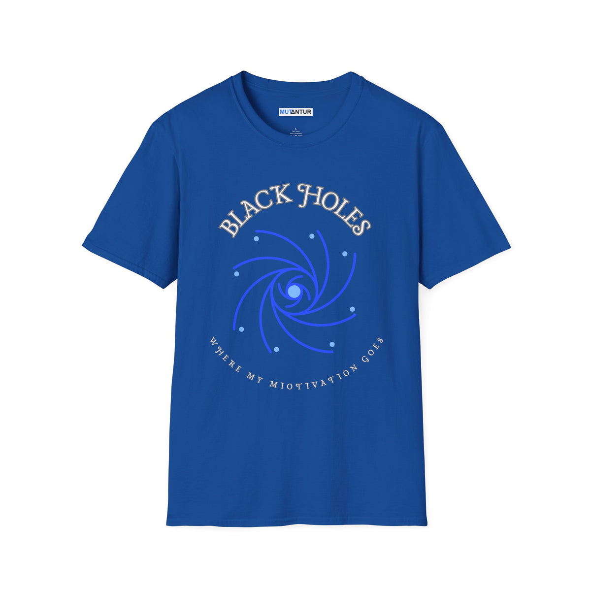 Black Holes Where My Motivation Goes celestial spiral graphic tee in royal blue, front view