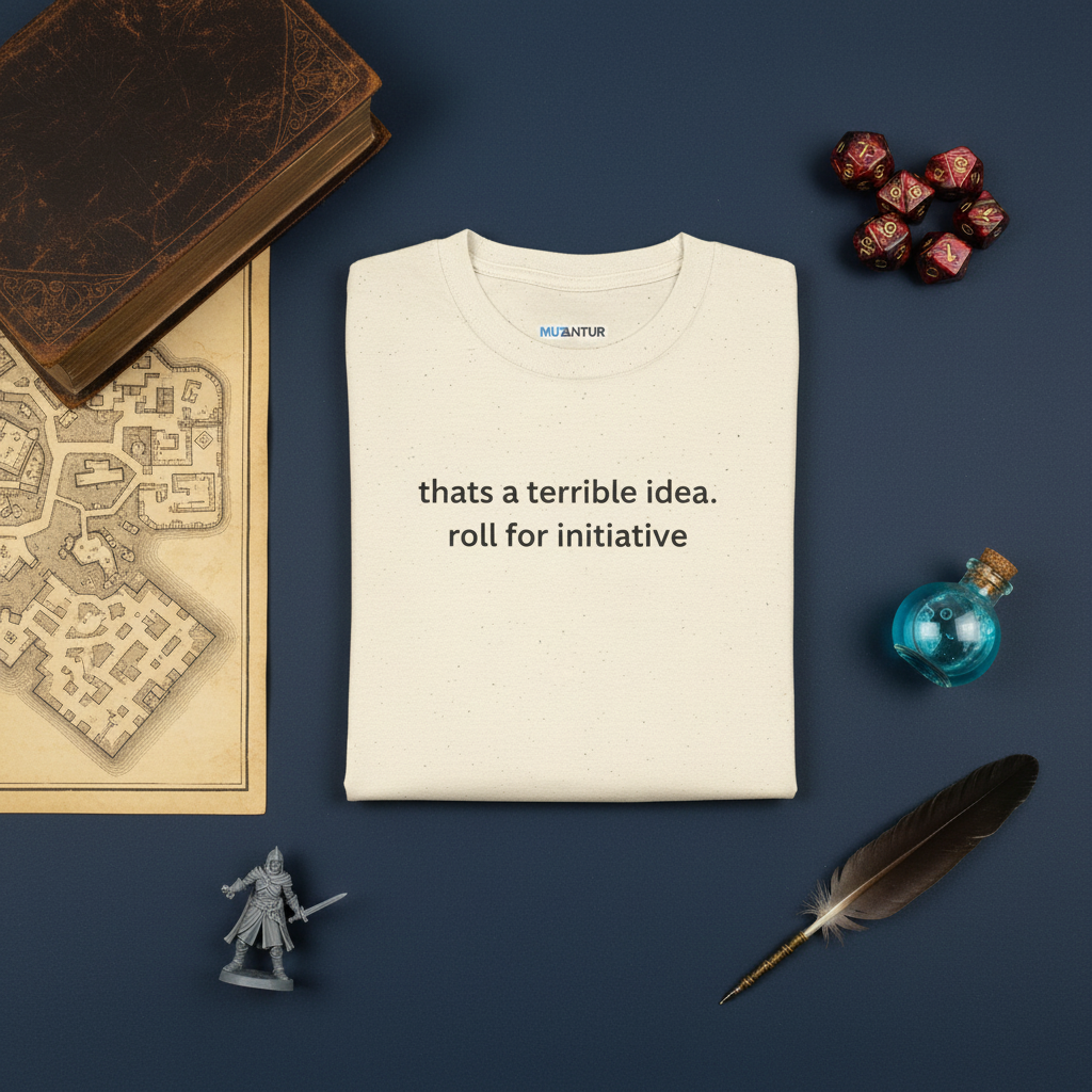 That's a Terrible Idea Roll for Initiative gamer tee, flat lay