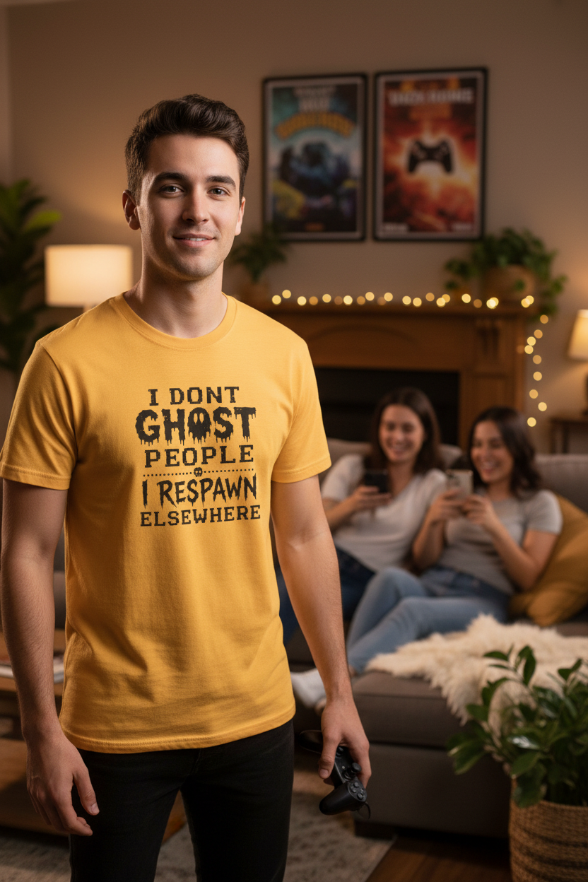 A yellow short-sleeve t-shirt with a black text graphic on the chest that reads 'I DON'T GHOST PEOPLE I RESPAWN ELSEWHERE', displayed against a plain white background.