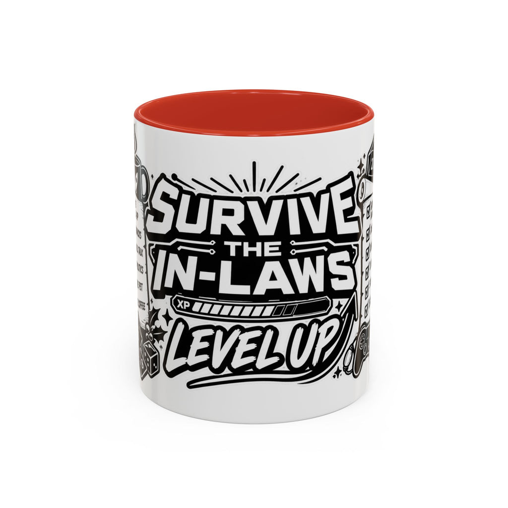 Survive the In-Laws Level Up Coffee Mug — Funny Gamer Checklist Accent Mug