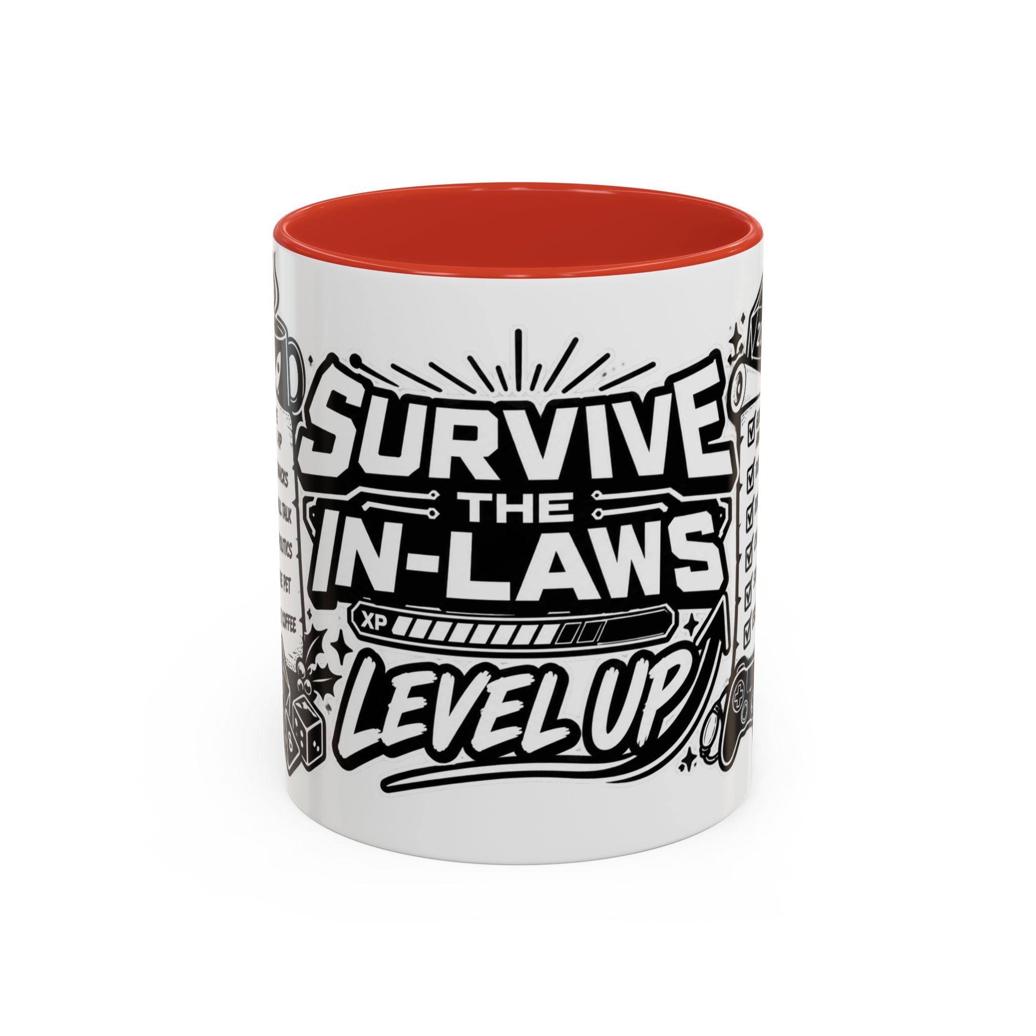 Survive the In-Laws Level Up Coffee Mug — Funny Gamer Checklist Accent Mug