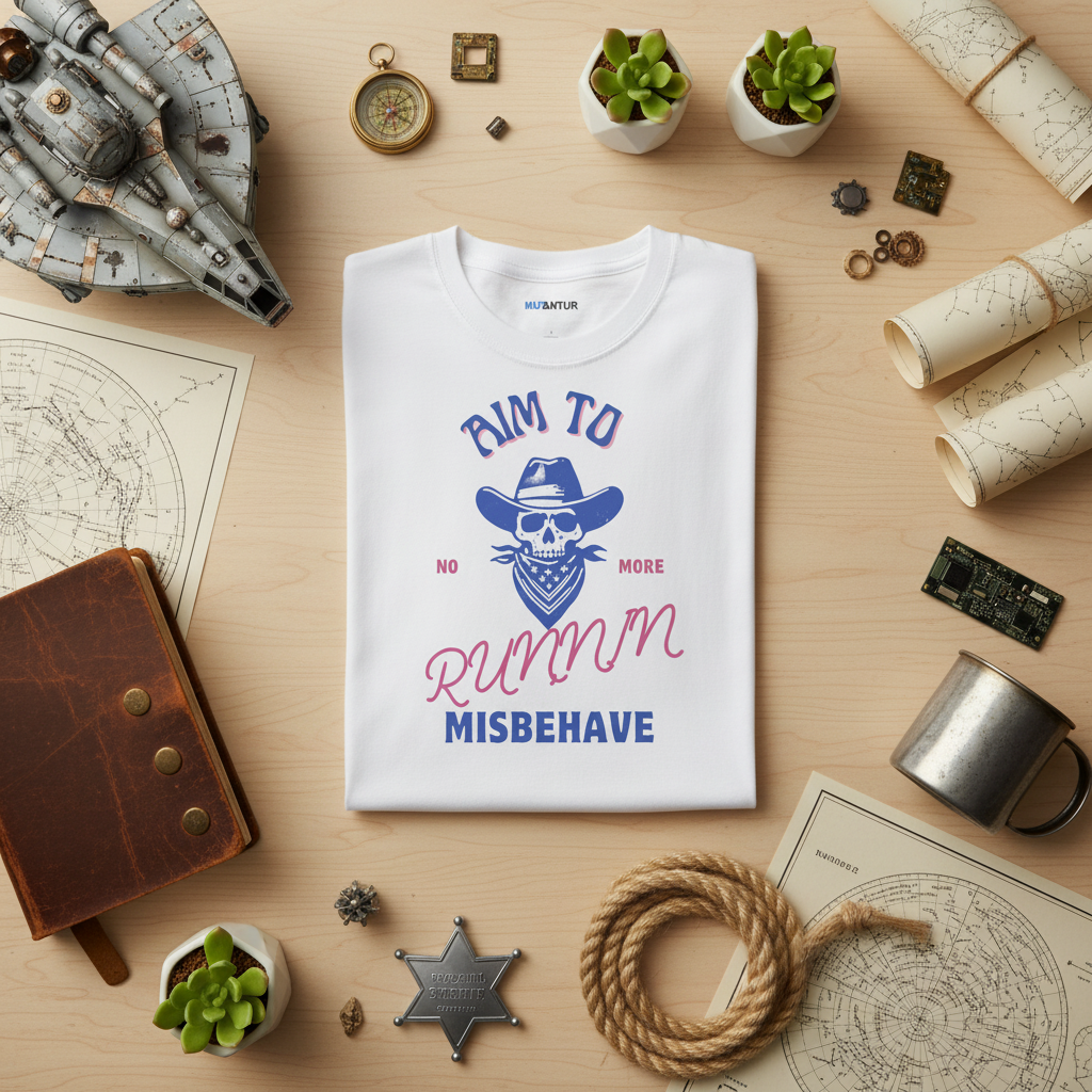 Aim to Misbehave skull cowboy graphic tee, flat lay
