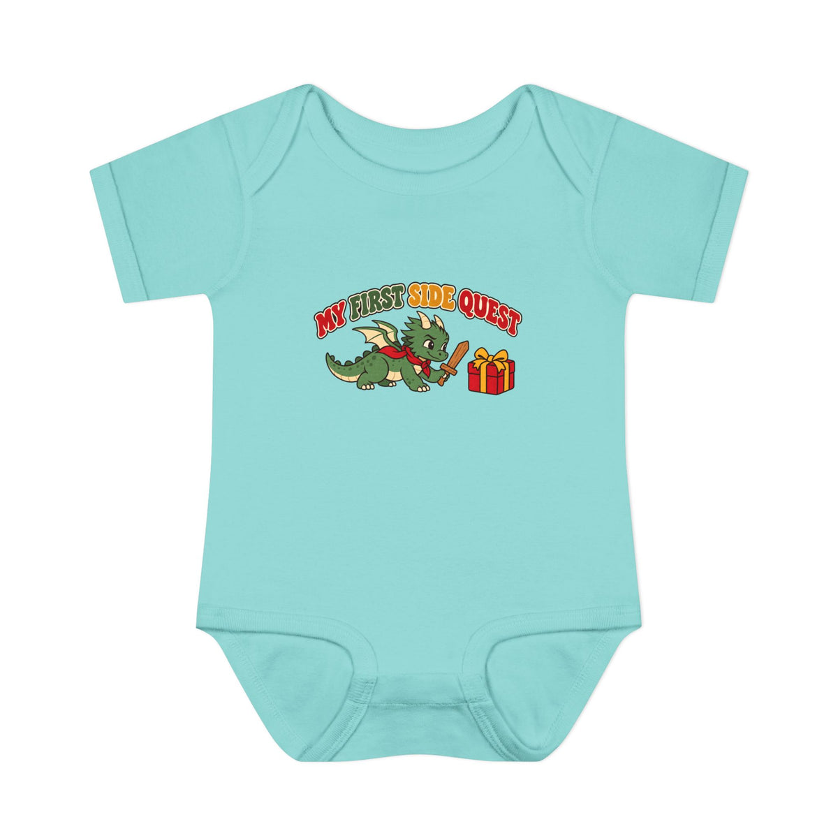 A light aqua baby bodysuit with a colorful graphic of a green cartoon dragon holding a gold sword next to a red gift box, with the text 'MY FIRST SIDE QUEST' above it, displayed on a solid white background.