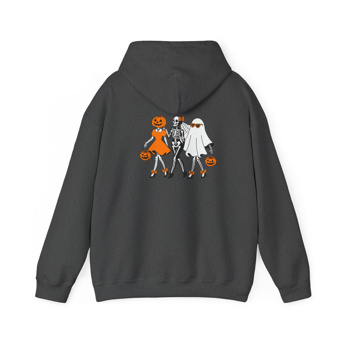 A dark gray hoodie shown from the back, featuring a graphic print of three Halloween characters: a pumpkin-headed girl in an orange dress, a skeleton in a white shirt, and a ghost in a white dress, all holding orange pumpkins.