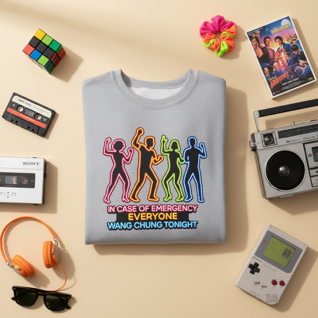 Emergency Everyone Wang Chung Tonight graphic crewneck sweatshirt in heather gray, folded flat lay styled with retro 80s props including a Rubik's cube, cassette tape, Walkman, and Game Boy