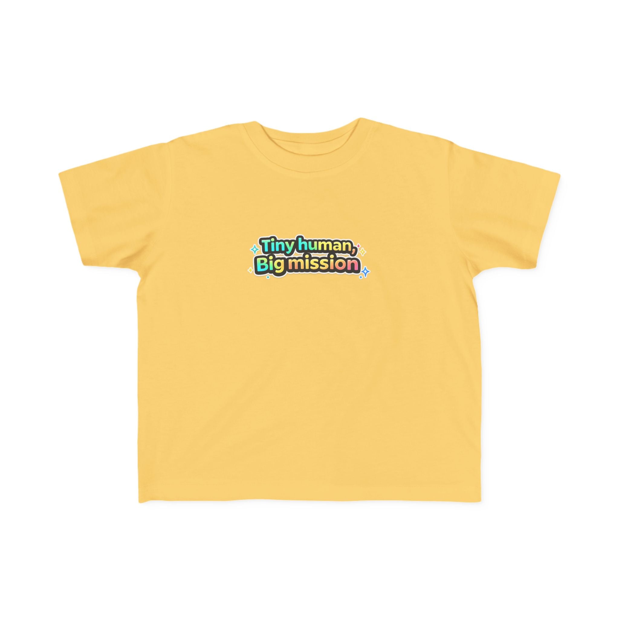 Yellow t-shirt with colorful text 'Tiny human, Big mission' on a white background