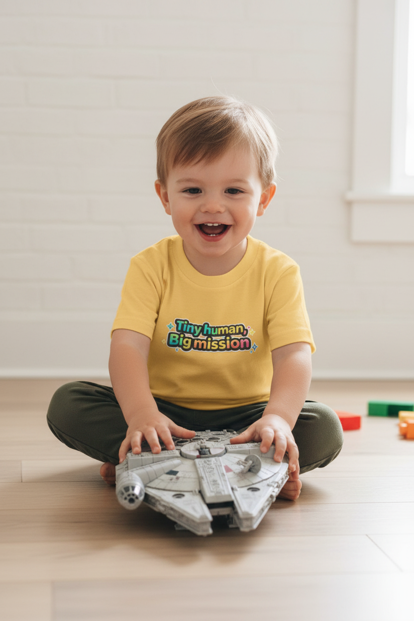 Tiny Human Big Mission Toddler T-Shirt — Colorful Sci-Fi Kids Graphic Tee