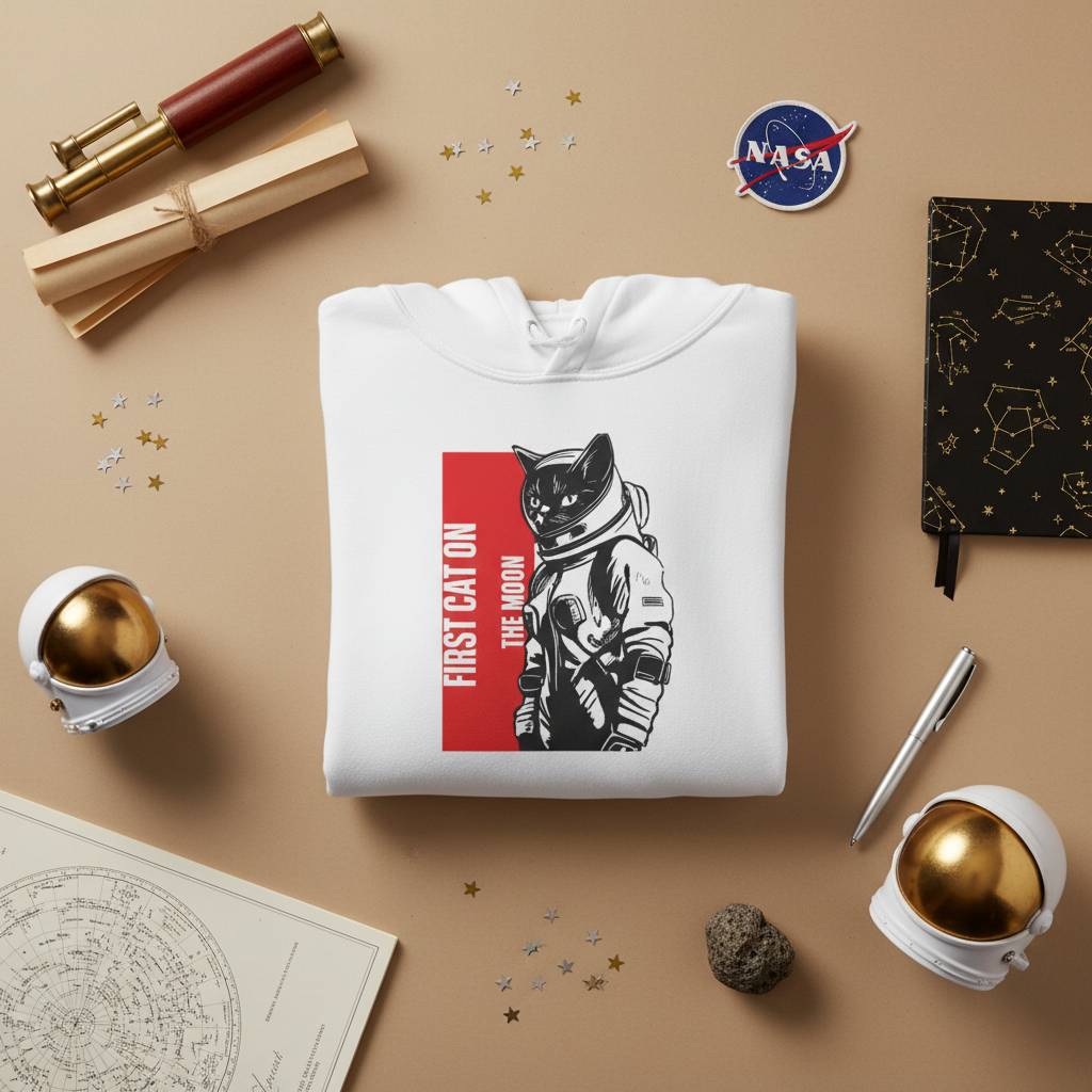 Buzz Pawldrin First Cat on the Moon astronaut graphic hoodie, flat lay