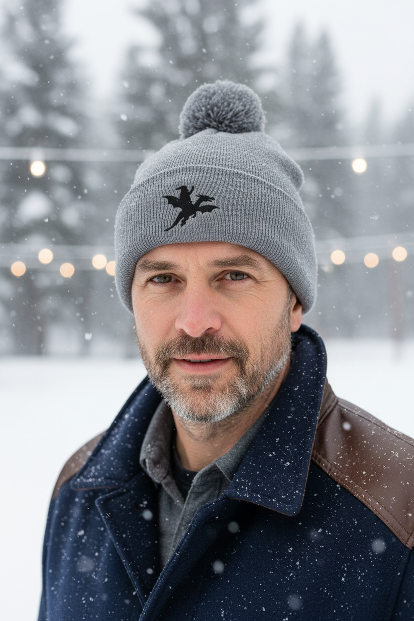 A man wearing a gray knit beanie with a silhouette of Santa on a dragon in black and a dark navy winter coat, standing outdoors in falling snow with blurred trees and warm string lights in the background.