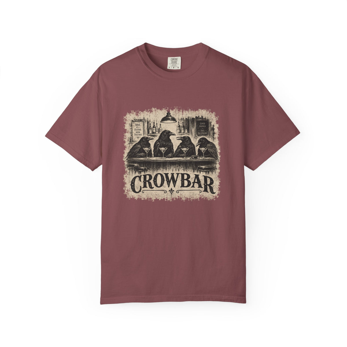 A short-sleeve crewneck t-shirt in a dark red color, featuring a distressed vintage-style graphic print of four crows sitting at a bar with the text 'CROWBAR' underneath, displayed on a clean white background.