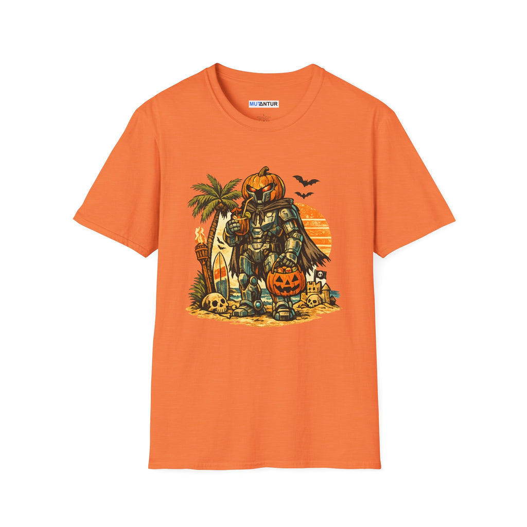 Summerween Beach Robot T-Shirt — Pumpkin-Head Robot Surfing Sunset Tee - Mutantur Labs LLC