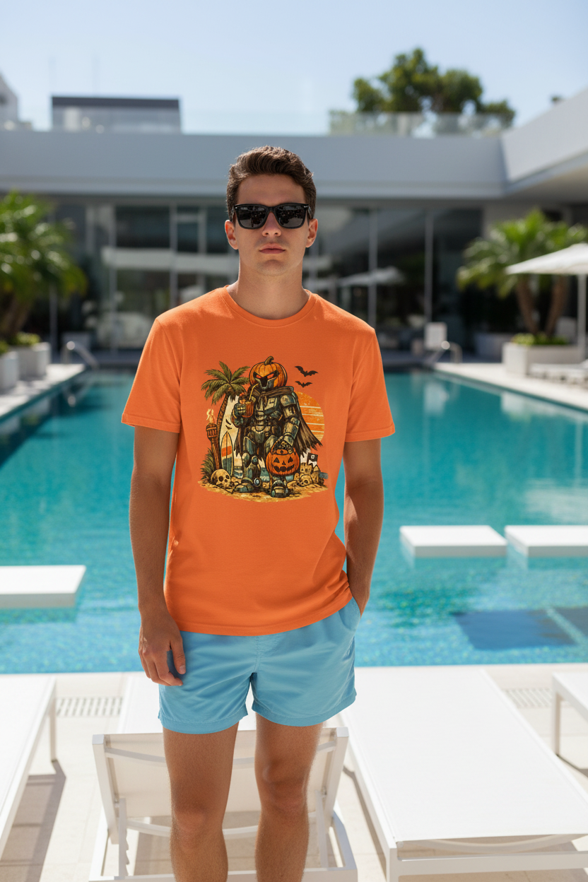 Summerween Beach Robot T-Shirt — Pumpkin-Head Robot Surfing Sunset Tee - Mutantur Labs LLC