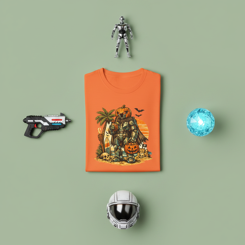 Summerween Beach Robot pumpkin-head sci-fi graphic tee, close-up of design