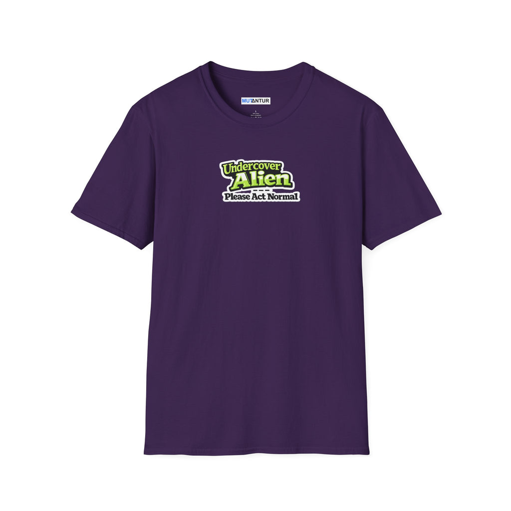 A Purple short-sleeve t-shirt with a graphic on the chest that reads 'Undercover Alien Please Act Normal' in green and black