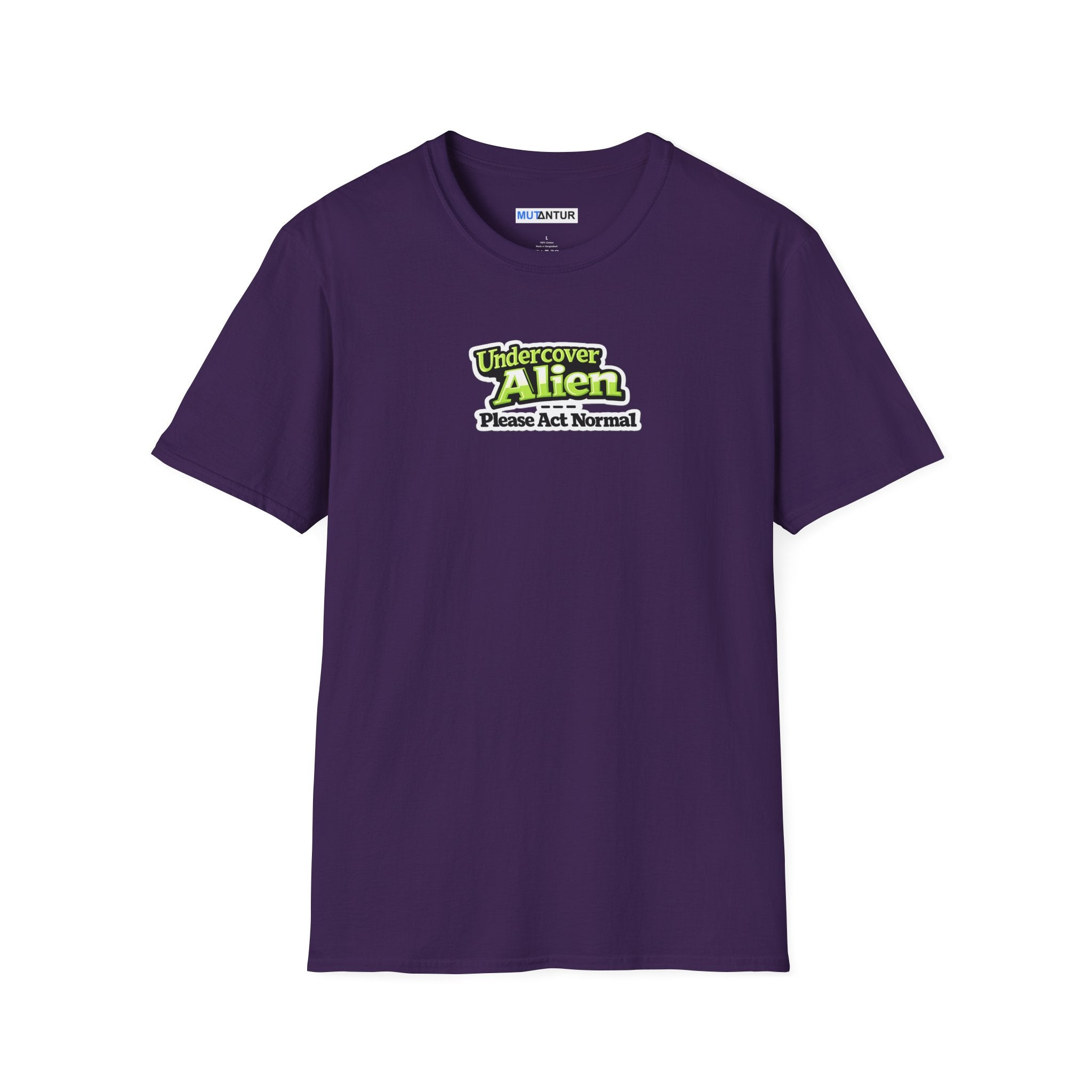 A Purple short-sleeve t-shirt with a graphic on the chest that reads 'Undercover Alien Please Act Normal' in green and black