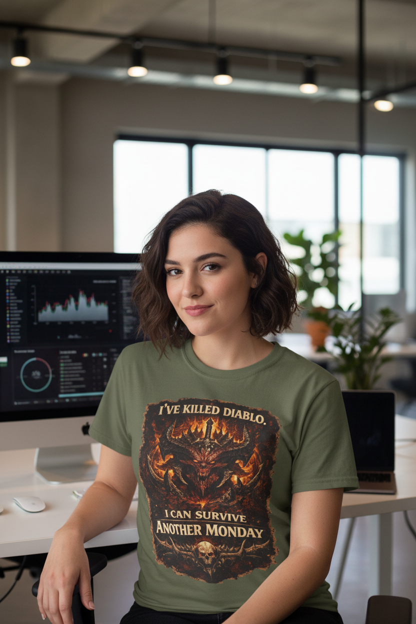 Diablo I Can Survive Another Monday gamer tee, on-model back view