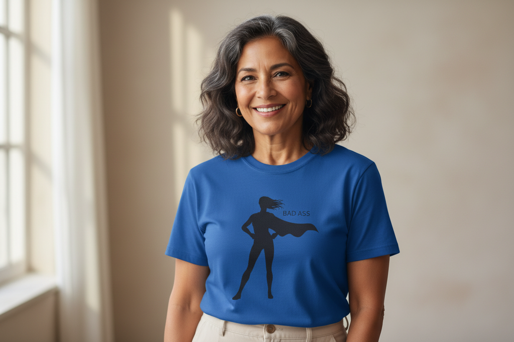 Bad Ass Superhero Silhouette women's tee, on-model back view
