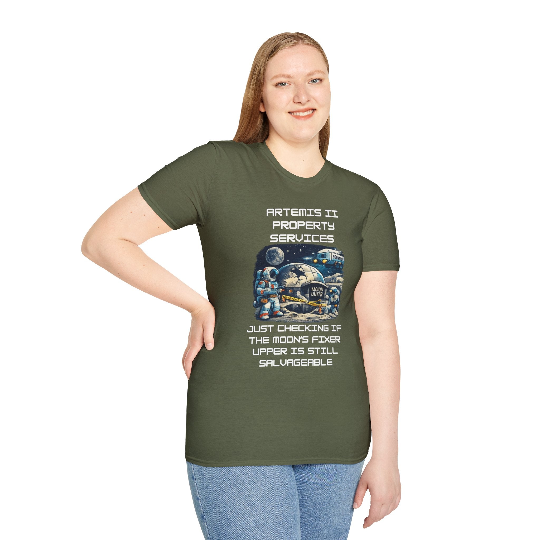 Moonbase Property Services T-Shirt — 'Artemis II Property Services' Space Repair Crew funny Tee - Mutantur Labs LLC