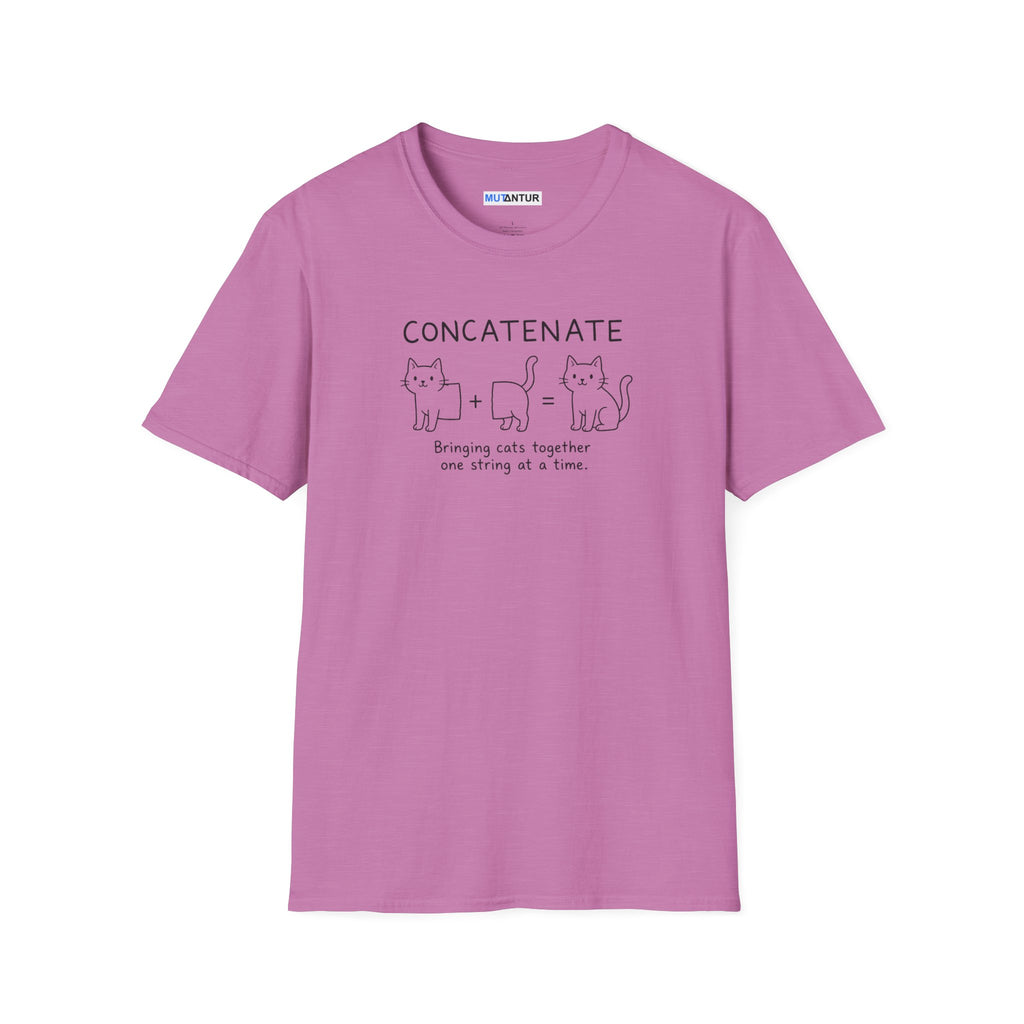 A purple short-sleeve crewneck t-shirt with a black graphic on the chest that reads 'CONCATENATE' above three simple line drawings of cats and a cat, with a small caption underneath, shown on a plain white background.