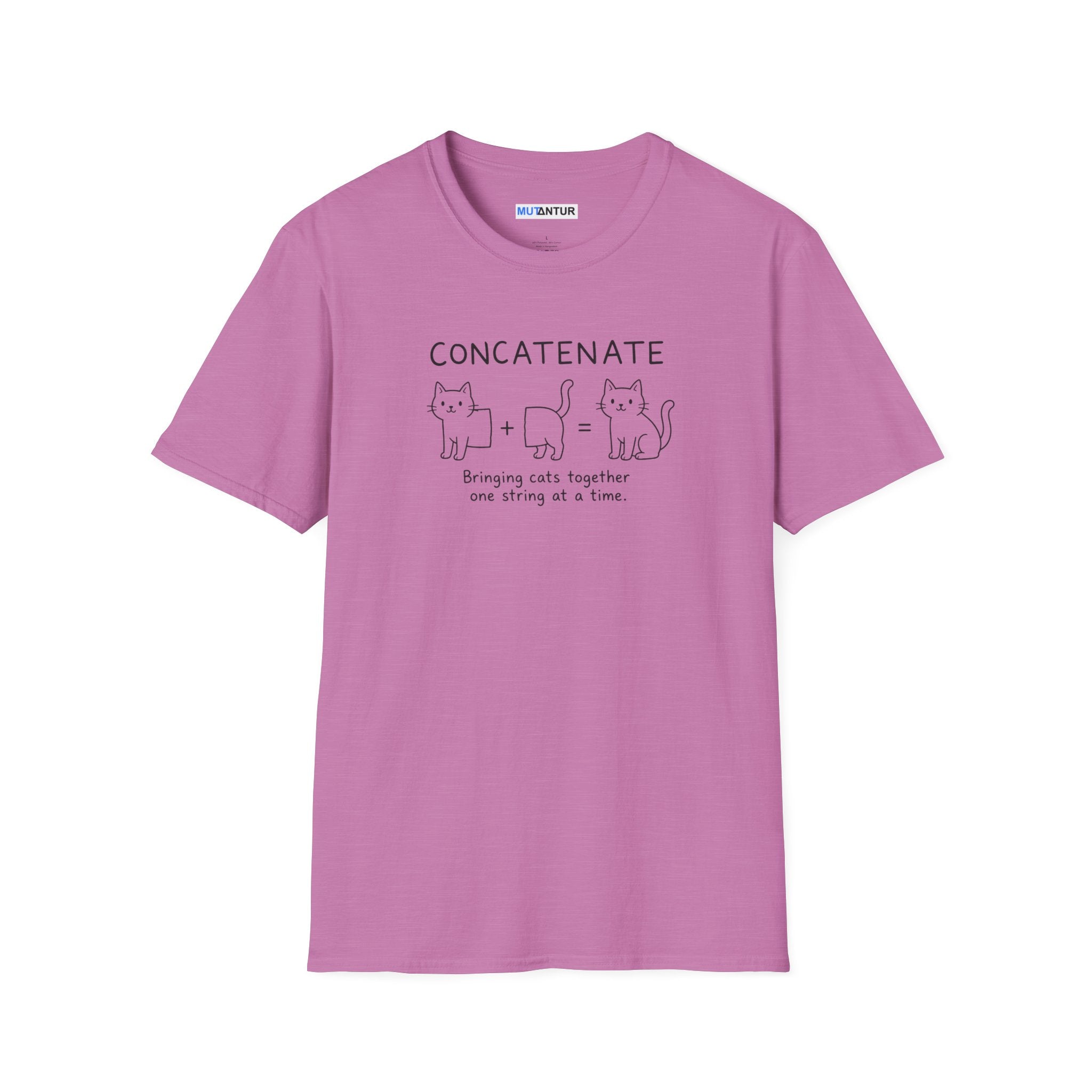 A purple short-sleeve crewneck t-shirt with a black graphic on the chest that reads 'CONCATENATE' above three simple line drawings of cats and a cat, with a small caption underneath, shown on a plain white background.