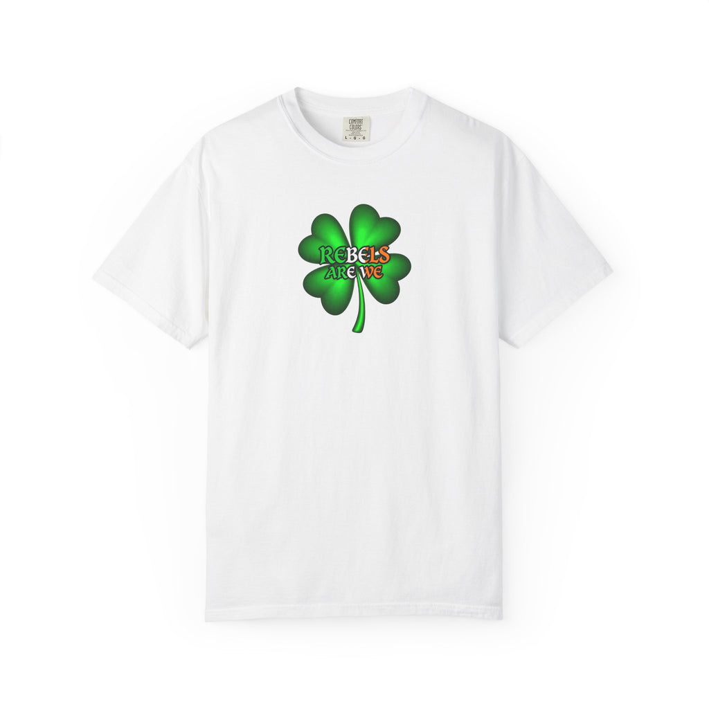 White t-shirt with 'Rebels We Are' with an Irish four leaf clover graphic design on a white background