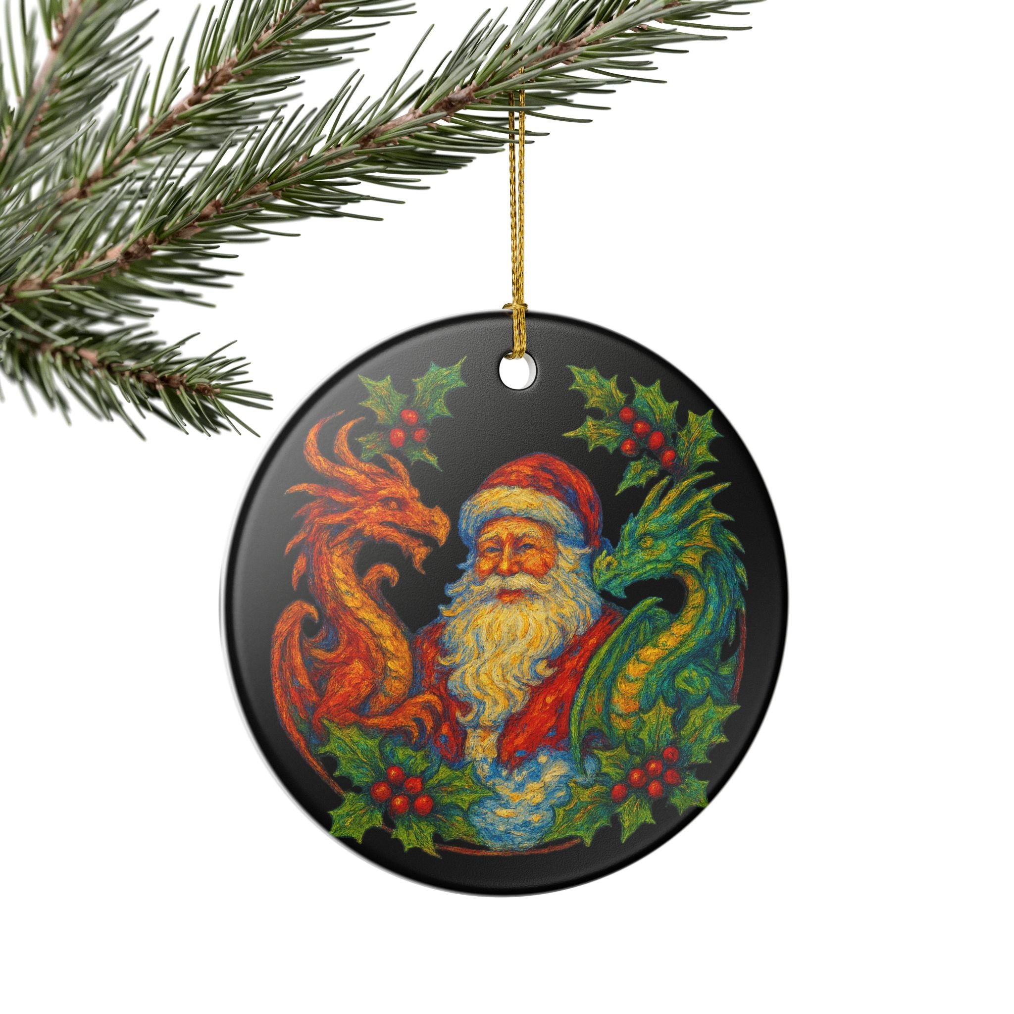 Santa & Dragons Ceramic Ornament — Fantasy Holiday Keepsake