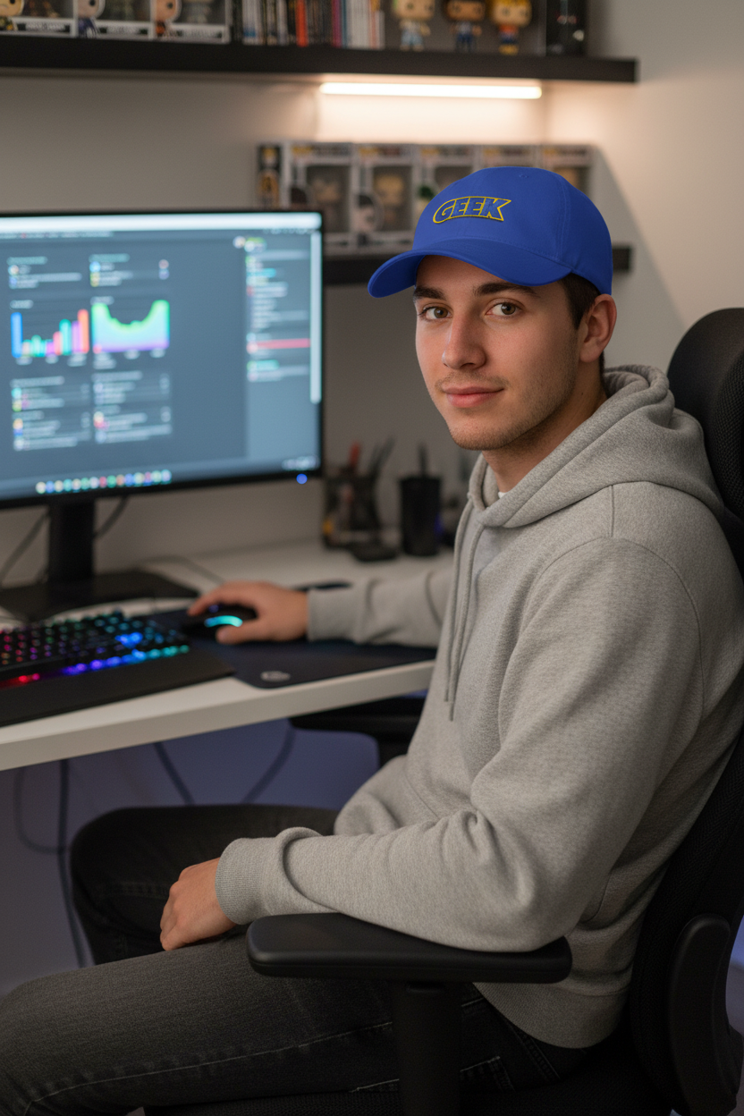 Geek Embroidered Low Profile Baseball Cap — Retro Blue & Gold Logo Hat - Mutantur Labs LLC