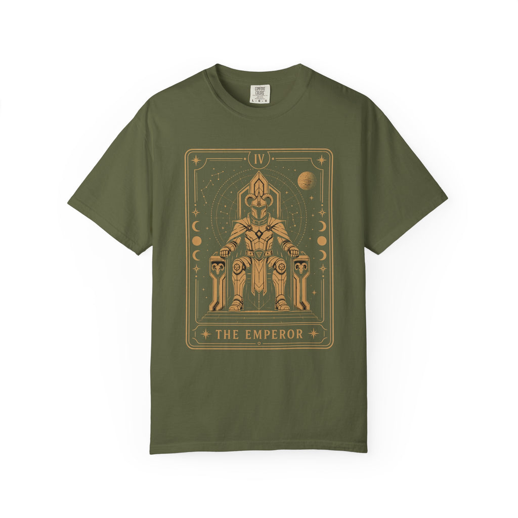 A green Comfort Colors t-shirt featuring The Emperor from the Future Arcana collection, inspired by The Emperor tarot card. A regal futuristic ruler sits upon a cosmic throne surrounded by celestial Art Deco details in elegant gold line art on a transparent background.