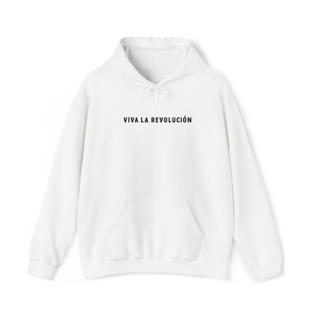 A white pullover hoodie with a front kangaroo pocket and a blue printed text graphic reading' Viva La revlucion  'on the chest, displayed against a clean white background.
