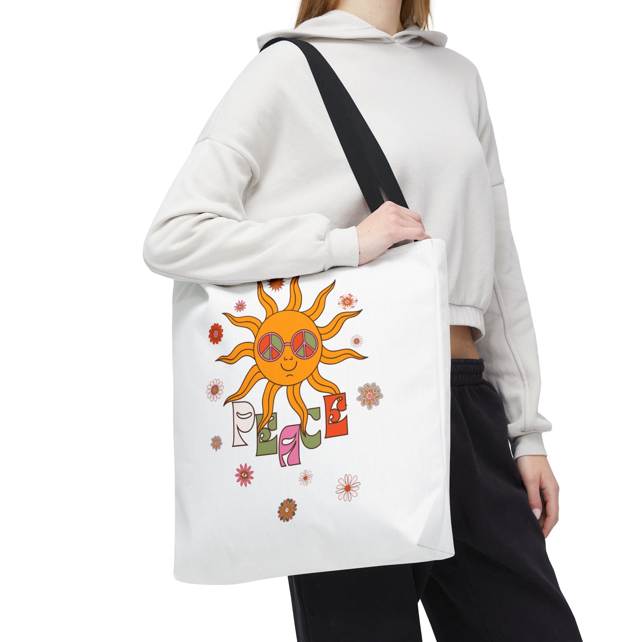 Retro Sun Peace Tote Bag | 70s Hippie Sunflower Art Bag - Mutantur Labs LLC