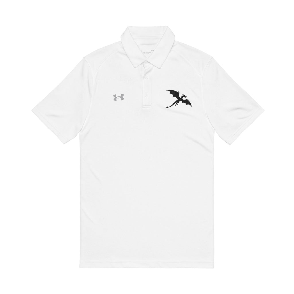 White polo shirt with an Under Armour logo and a black dragon on a white background
