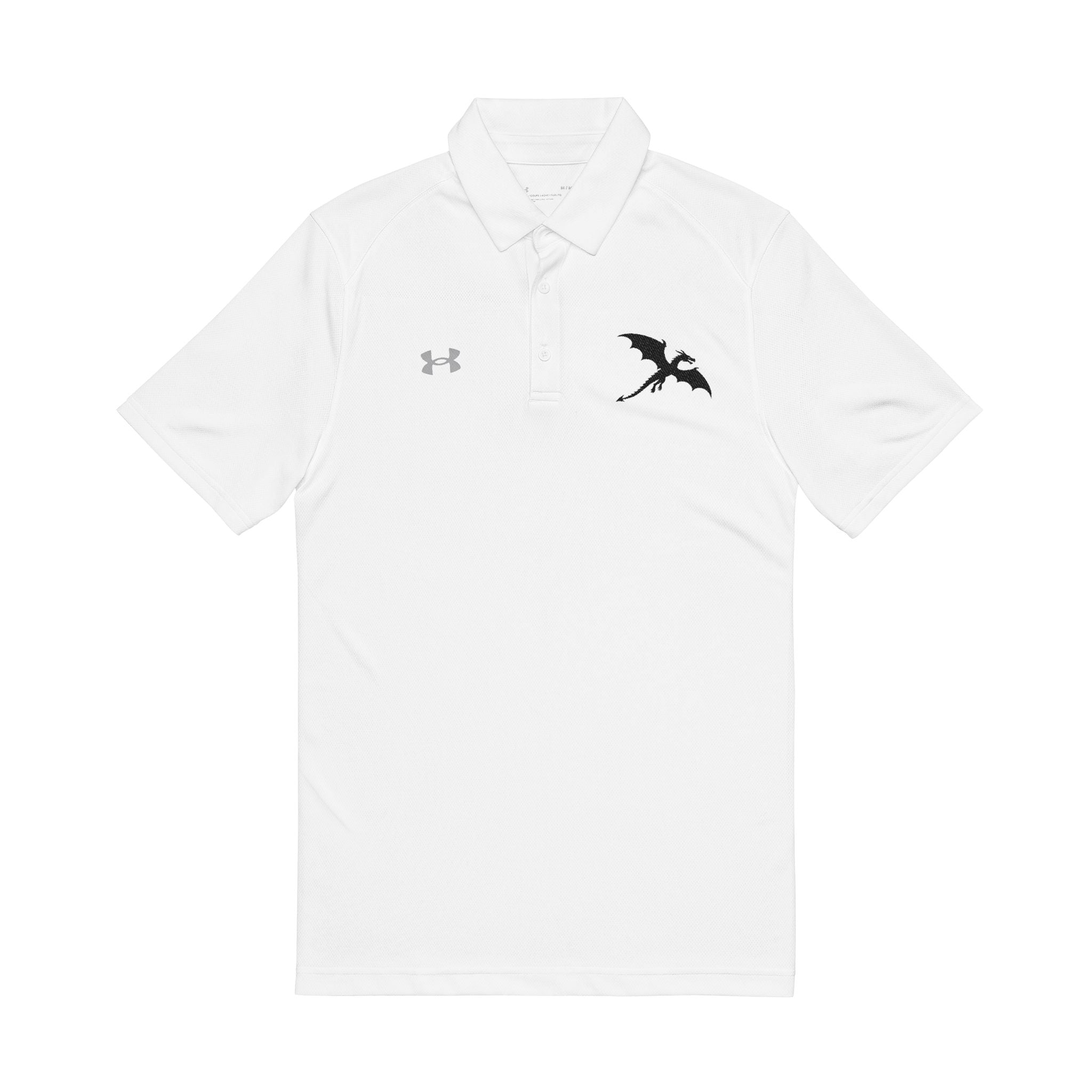 White polo shirt with an Under Armour logo and a black dragon on a white background