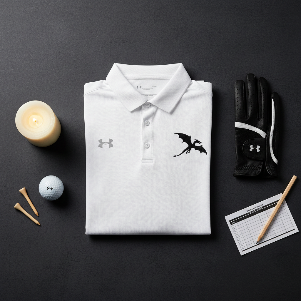A folded white Under Armour polo shirt is arranged in a flat lay on a dark gray surface, surrounded by a lit candle, golf tees, a golf ball, a black golf glove, and a scorecard with a pencil. The shirt features a gray Under Armour logo on the chest and a black dragon graphic on the opposite chest.