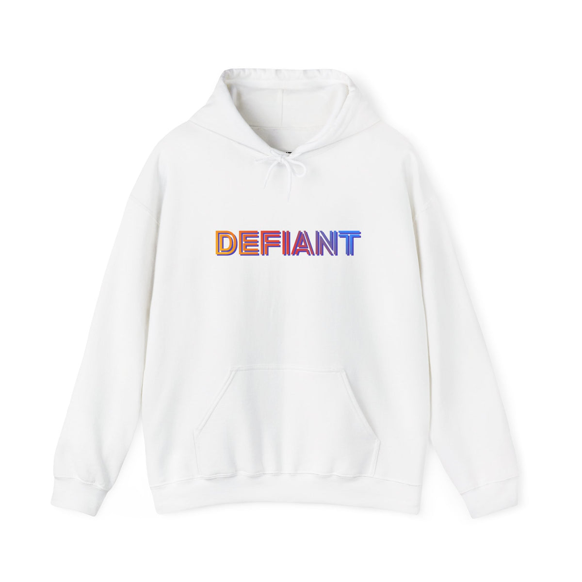 Defiant rainbow text logo graphic hoodie in white, front view