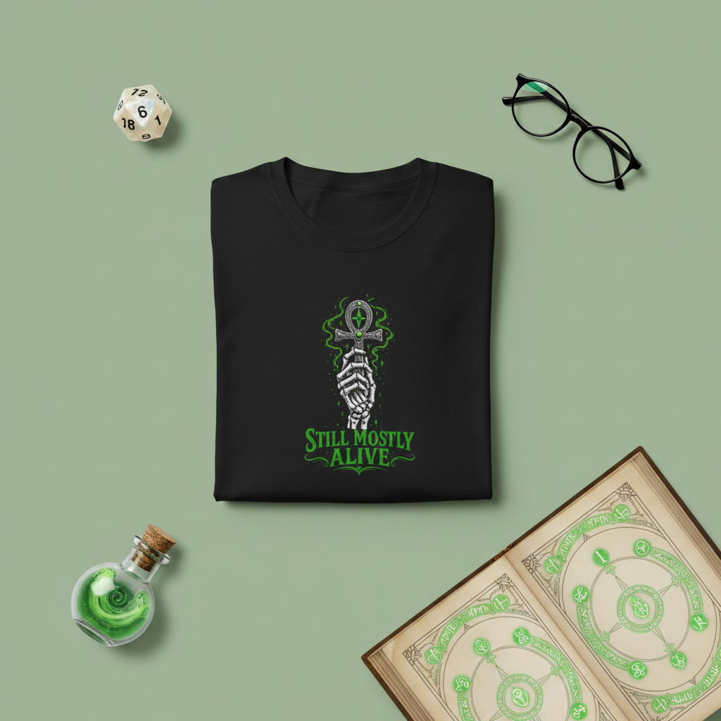Dark Gray shirt with skeleton hand holding an Ankh with the words Still Mostly alive
