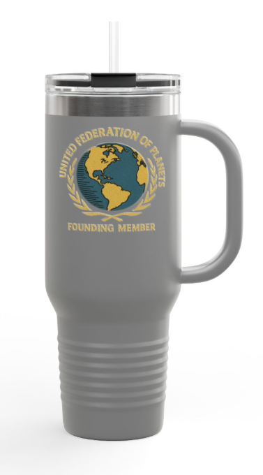 A gray insulated travel tumbler with a clear lid and straw, featuring a gold and blue United Federation of Planets emblem on the front, with the words 'Founding Member' below it.