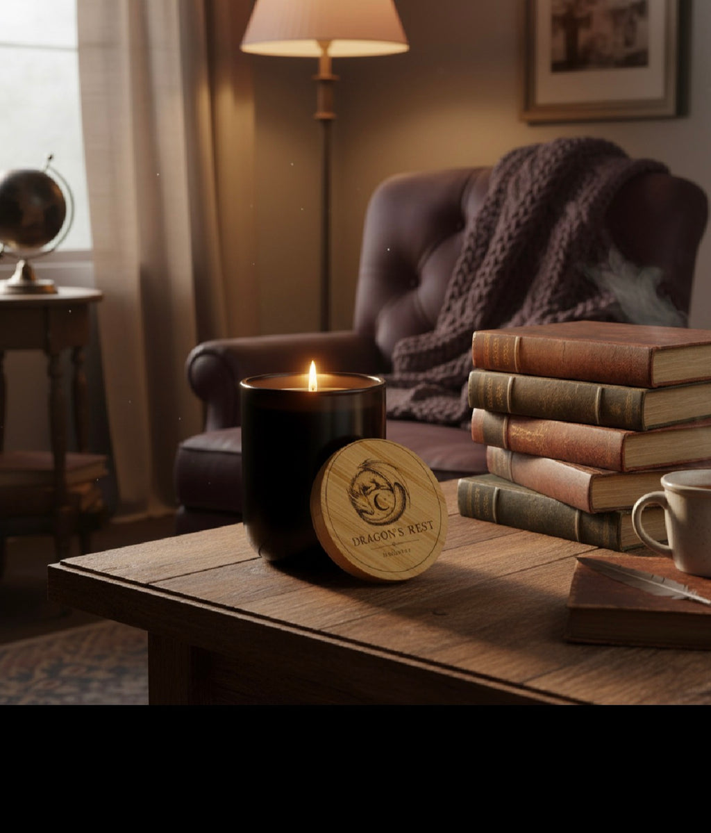 Dragon's Rest Emblem Soy Candle — 14oz Scented Candle with Engraved Bamboo Lid - Mutantur Labs LLC