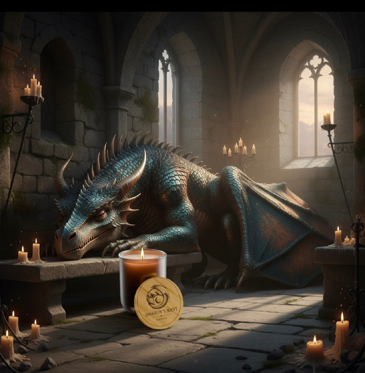 Dragon's Rest Emblem Soy Candle — 14oz Scented Candle with Engraved Bamboo Lid - Mutantur Labs LLC