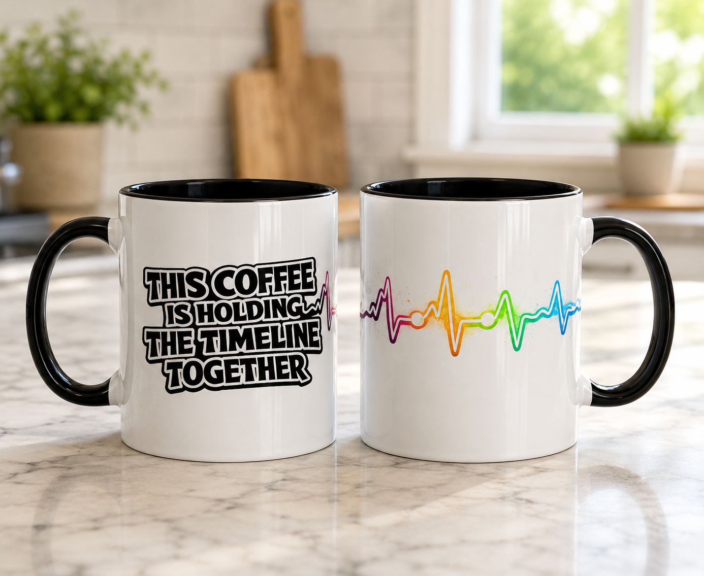 This Coffee Is Holding the Timeline Together rainbow heartbeat mug, front view